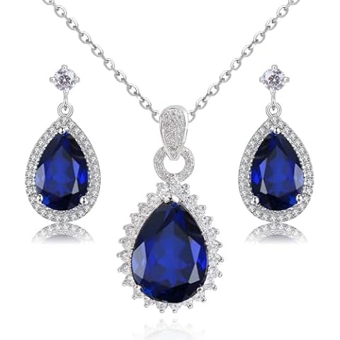 Crystalline Azuria Teardrops Blue Simulated Sapphire Zirconia Crystals Set Pendant Necklace 18 inches Earrings18K White Gold Plated for Women Cover