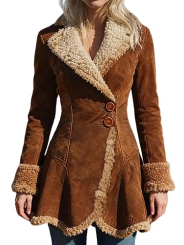 utcoco Womens Sherpa Lined Suede Jacket 2026 Fall Fashion Outfits Slim-Fit Faux leather Fleece Jackets Winter Coats (Large Brown)