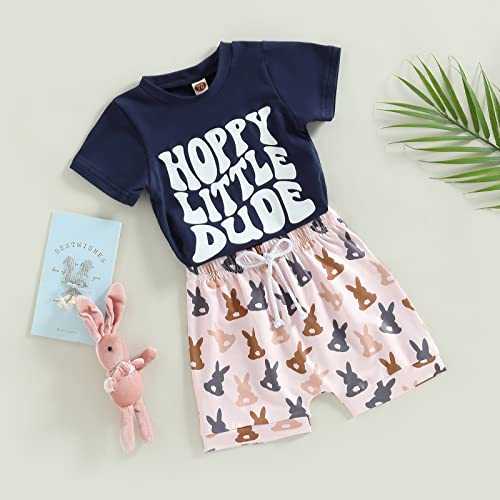 Image of BeQeuewll Toddler Baby Boy Easter Outfit Letter Bunny Print Short Sleeve T-Shirt and Shorts Summer Clothes Set
