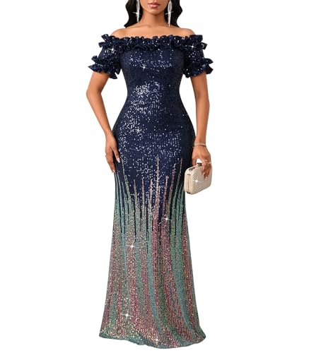 Image of dasmzper Women Sexy Sequin Off Shoulder Ruffle Short Sleeve Bodycon Mermaid Party Formal Evening Maxi Dress