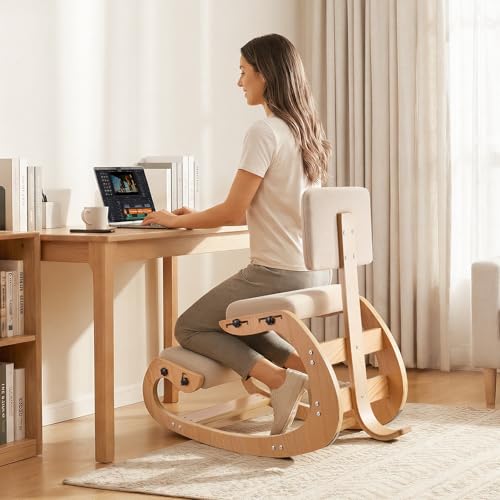 Image of VEVOR Ergonomic Kneeling Chair, Wooden Posture Knee Chair with Adjustable Thick Foam Cushions, Backrest and Wood Frame, Adjustable Height, Relief for Neck or Back Pain for Home, Office or Meditation
