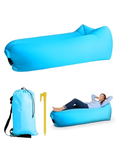 Inflatable Air Lounger Sofa Portable No-Pump Air Couch with Carry Bag & Ground Stakes Waterproof Lazy Lounge Chair for Camping Beach Travel Festivals and Outdoor Relaxation