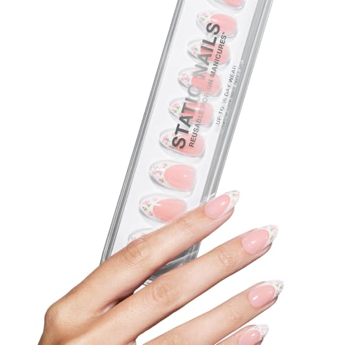 Static Nails Reusable Pop-On Manicures. Press On Nails Short Almond Gel-Effect. Like-Acrylic Salon Quality. Long Lasting & Can be Reapplied. Floral French. 30 PK/15 Sizes.