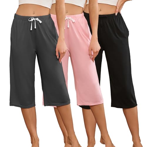 Image of U2SKIIN 3 Pack Womens Pajama Pants Capri Lounge with Pockets Comfy Drawstring Pj Bottoms Casual Summer Sleep