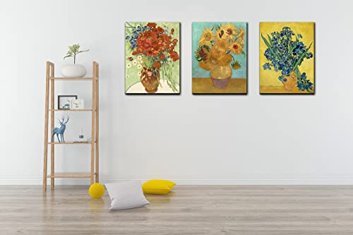 Okexckk 3 Piece Sunflowers- Irises Flower Vase Vincent Van Gogh Art Reproduction, Giclee Canvas Prints Wall Art For Home Decor 12"X16" #TOP3
