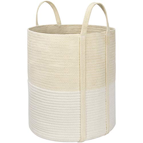 La Jolíe Muse Cesta Ropa Sucia de algodón, Cesta almacenaje de Cuerda de algodón, Cesta Ropa Sucia Bebe, Cesta Toallas baño, Grande, Beige y Blanco, 40,5 cm x 35,5 cm