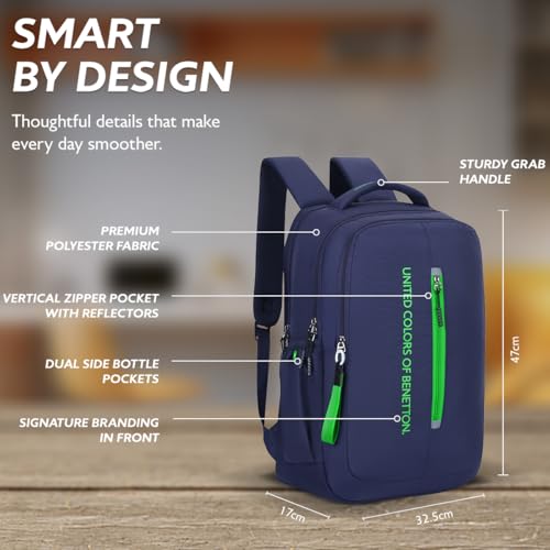 Image of United Colors of Benetton Unisex High-School Backpack RUNWAY | 3-Compartment Slim Design with Branded Print | Backpack for School Girls and Boys | 25L Capacity
