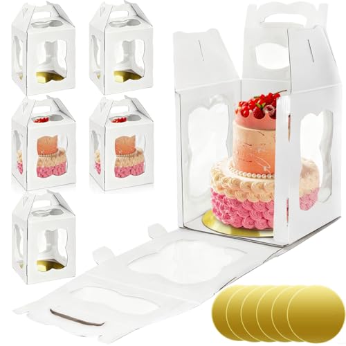 Image of Nagpew 6 Pieces Tall Cake Boxes for Tier Cakes, 10''W x 10''L x 12''H Paper Bakery Carrier with Cake Board Window Handle, Disposable Large Layer Cake Safe Transport Box for Birthday, Wedding, Party