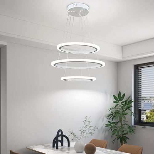 Image of Manraj Modern LED Chandelier, Acrylic 3-Ring Design, Ring Flush Mount Chandelier with Adjustable Hanging Cord Pendant Light Fixture, for Dining Living Room Bedroom (White)