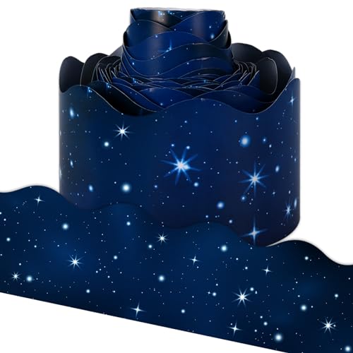 Image of Whaline Galaxy Bulletin Board Borders Space Border Trim Blue Starry Night Sky Die-Cut Scalloped Border Trim for Back to School Classroom Office Chalkboard Decoration