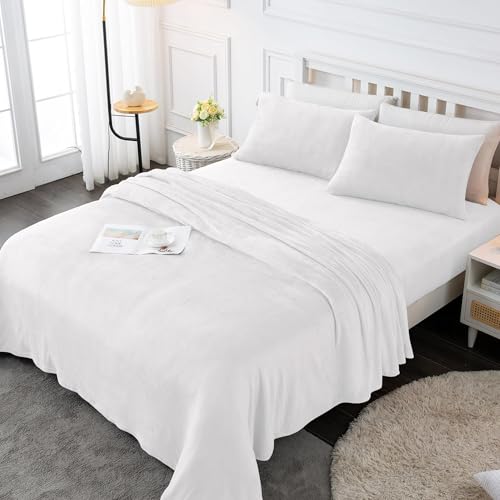 Image of Viviland Plush Micro Fleece Queen Bed Sheet Set - Soft Fuzzy Polar Fleece Velour Velvet Sheets - Extra Warm Winter Fleece Bed Sheets with Deep Pocket - White - Queen | Soft Flannel-like Fleece, 100% Polyester, Fluffy Velvety Feel, 200GSM, 15 inch Deep Pocket, Warm Winter Gift & Decor