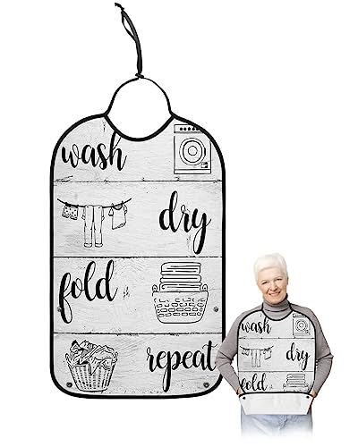 Laundry Room Adult Bibs for Eating, Waterproof Bibs with Food Catcher & Adjustable Snap Closure, Wash Dry Fold Repeat Splicing Wood Washable Clothing Protectors Adult Bibs for Elderly Women/Men