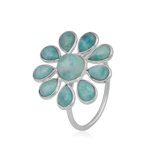 Caribbean Serenity Larimar 925 Sterling Silver Flower Chunky Ring