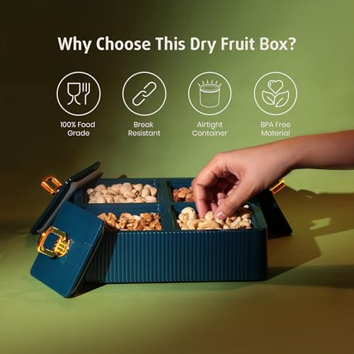 Image of Selvel Global Square Dryfruit Box with 4 Compartments | Airtight Multi-Purpose Storage Box with Tray & Lid | Ideal for Diwali Gifting | 500ml Each | BPA-Free (Emerald Green)