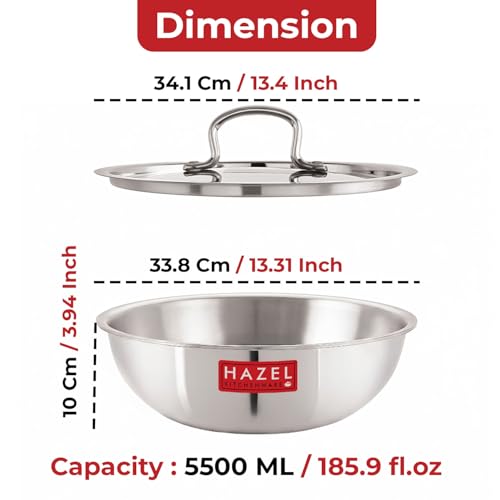 HAZEL Triply Stainless Steel Tasra with Steel Lid 5.5L | Induction-Compatible Cookware, 33.8cm | Kadai for Frying & Deep Cooking | Heavy Bottom... - Image 4