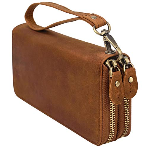 長財布 メンズ 本革 チェーン付き 財布 レトロ レザー ロングウォレット スナップ 二つ折り財布 牛革 財布 カードケース カード収納豊富 小銭入れ付き 携帯収納 (ブラウン4室)