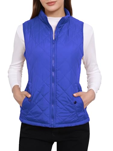Allegra K Woman Zip Up Front Stand Collar Slant Pockets Quilted Padded Vest Medium Bright Blue