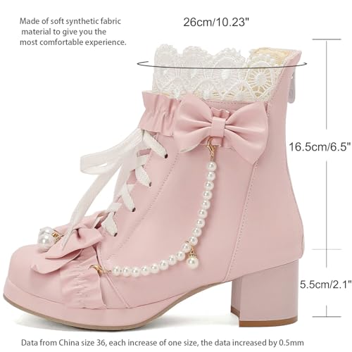 LUXMAX Women Cute Lolita Boots Chunky Mid Heel Ankle Boots with Bow Platform Lace Up Booties with Pearl2