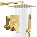 Kurpot Gold Shower System, 10'' Square Rainfall Shower Head with Handheld Combo Spray, Bathroom Brushed Gold Shower Faucet Set with Valve, 59'' Shower Hose, Shower Trim Kit and Diverter, Wall Mounted