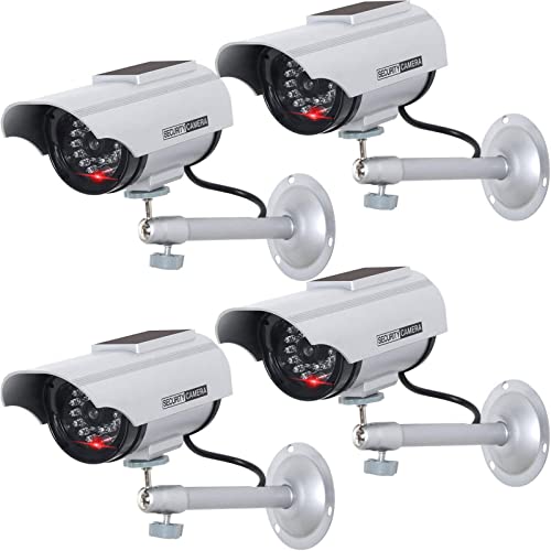 Best Cyber Deals 🔥 WALI Solar Powered Bullet Dummy Fake Simulated Surveillance Security CCTV Dome Camera Indoor Outdoor with 1 LED Light, Security Alert Sticker Decal (SOLTC-S4), 4 Packs, Silver