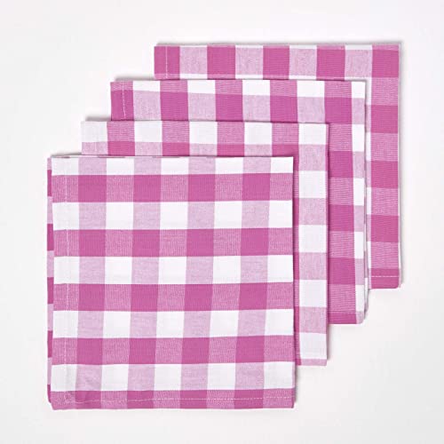 HOMESCAPES Serviette de Table en Tissu à Grands Carreaux Vichy, Lot de 4, Linge de Table en 100% Coton, Rose, Lavable et hypoallergénique