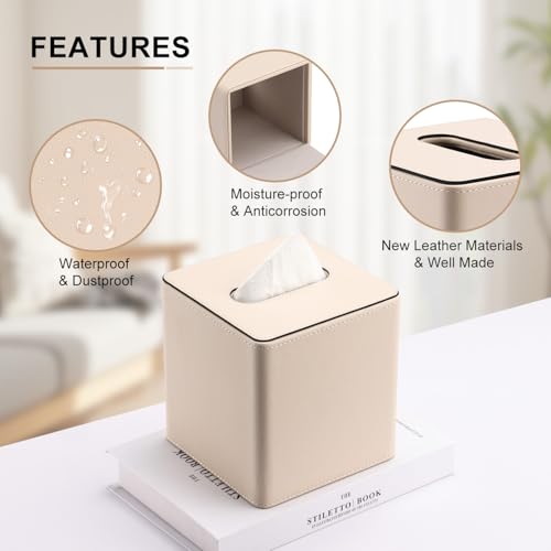 KINGFOM Leather Tissue Box Cover – Square Modern PU Leather Tissue Holder, Cube Tissue Dispenser for Home, Office, Bedroom, Bathroom – Elegant Minimalist Style (Beige-Square) by KINGFOM - Image 7