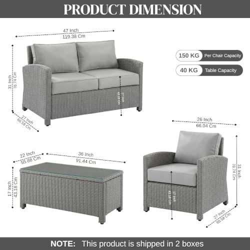 Image of DEVOKO 4PCS Patio Wicker Furniture Set Center Table Silver Grey Rattan Chairs and Grey Cushions Outdoor Furniture for Backyard, Garden, Blacony