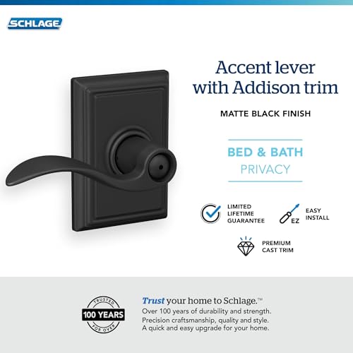 Image of Schlage F40 ACC 622 ADD Accent Door Lever with Addison Trim, Bed & Bath Privacy Lock, Matte Black