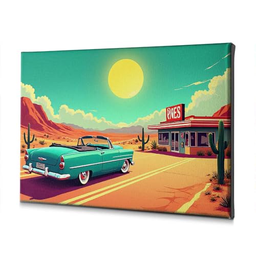 Farmhouse Decor Vintage Car Parked Outside A Retro Diner In The Desert. Lienzo decorativo Rústico Decoración del Hogar Decoración de Pascua (30 x 40 cm)