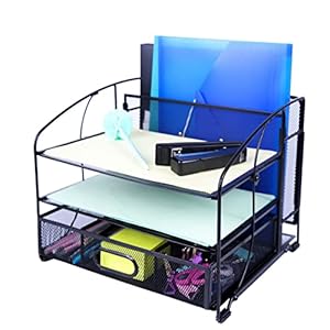 Exerz Organizzatore Da Scrivania In Rete Forniture Per Ufficio 3 Vassoi/Portadocumenti Da Tavolo Con Cassetto Scorrevole E Supporto Per Cartelle Sospese/Selezionatore Di Carta (Nero Nuovo)