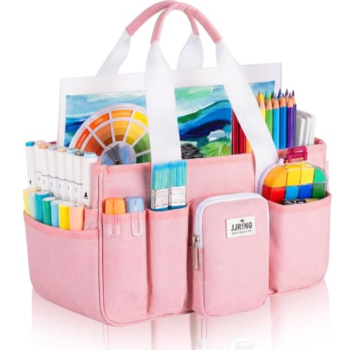 Image of JJRING Craft Organizer Tote Bag, Portable Art Caddy with Adjustable Divider&Secure Zipper Pocket, Large Foldable Storage Tote for Scrapbooking, Sewing, Artist and Home(Pink)