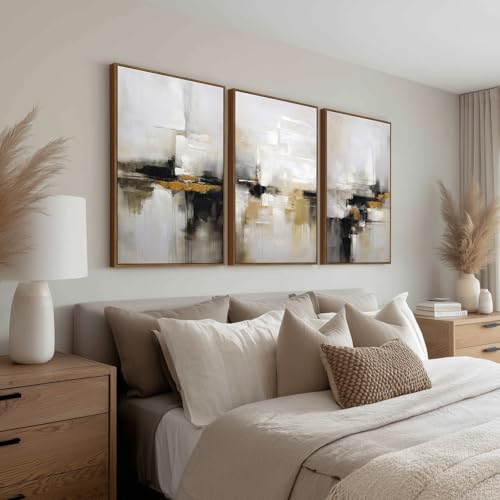 Image of Abstract Neutral Wall Art Black and Brown Grunge Framed Mid Century Modern Wabi Sabi Textured Canvas Painting Artwork for Living Room Bedroom Office- 3 Panels, 16x24 Inch, Ready to Hang