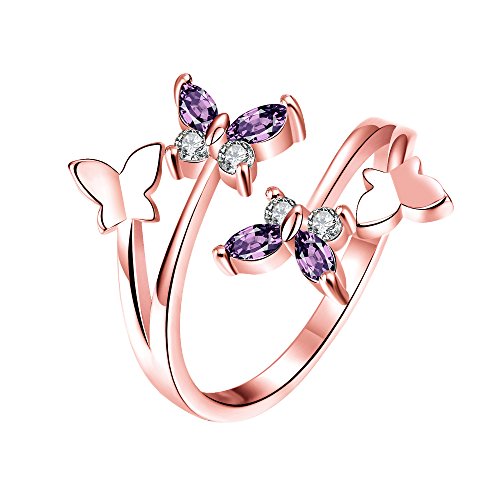 Boowhol Bagues en Argent Sterling 925 Bague Fiançaille Adjustable - Anneaux Ouverts Quatre Papillon Zircon Violet pour Homme Femme Saint Valentin Mariage Engagement Anniversaire (Or-Rose)