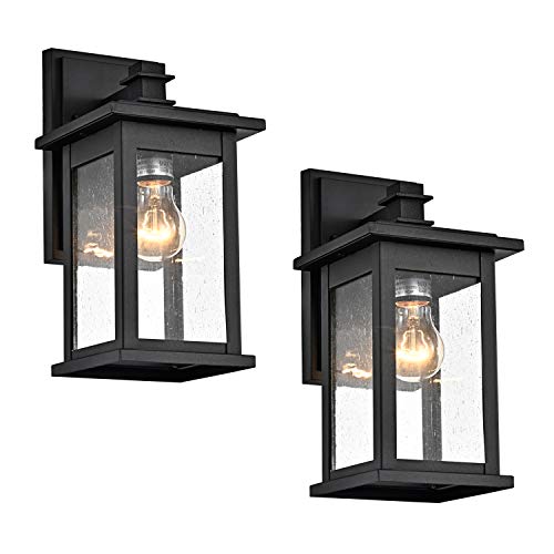 Image of MICSIU 2 Pack Matte Black Outdoor Wall Sconce, 12 Inch Vintage Farmhouse | Square Exterior Light Fixtures with Clear Seedy Glass, Waterproof Outside Wall Mountnt Light for House, Porch, Garage