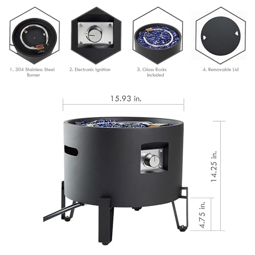 BAIDE HOME Portable Propane Fire Pit for Camping RV 50,000 BTU Round 15'' H x 16'' W Portable Gas Firepit W/Lid, Glass Rocks & Weather Resistant for Outdoors, Propane Extension Hose, Black