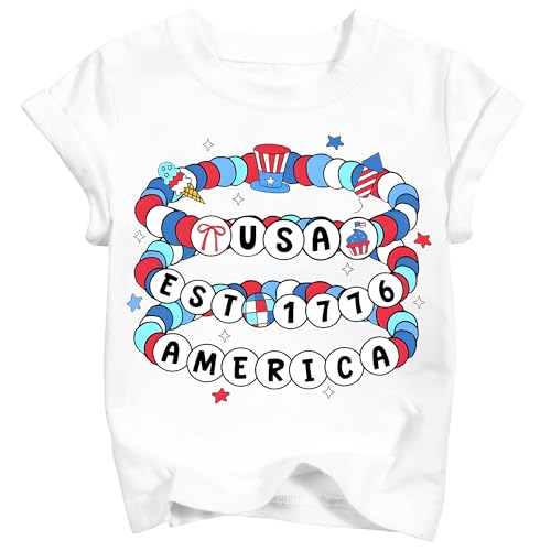 TUIVX Girls 4th of July Shirt Kid USA EST 1776 Patriotic Top Toddler America Friendship Bracelet 250th Tee White (7-8 Years)