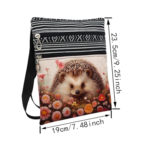 Floral Hedgehog Messenger Bag Small Ethnic Pattern Printed Adjustable Strap Crossbody Zipper Bag Floral Hedgehog Phone Bag Wallet Cute Shoulder Handbag for Women Friends -22