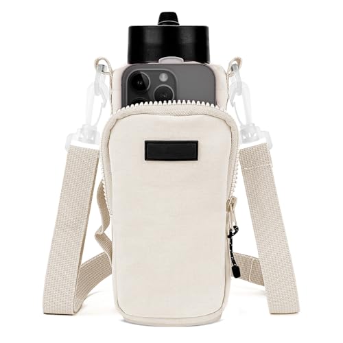 Linkidea Water Bottle Carrier with Strap Compatible with YETI Rambler Bottle 18oz/26oz, Owala FreeSip 24oz/32oz, Waterbottle Sling Bag Holder, Shoulder Strap with Phone Pocket (Beige)
