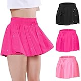 EXARUS 3 Pack Girls Butterfly Shorts Flowy Athletic Dance Cheer Running 2 in 1 Preppy Tennis Sparkle Glitter Kids Activewear Black Pink Hot Pink 10Y