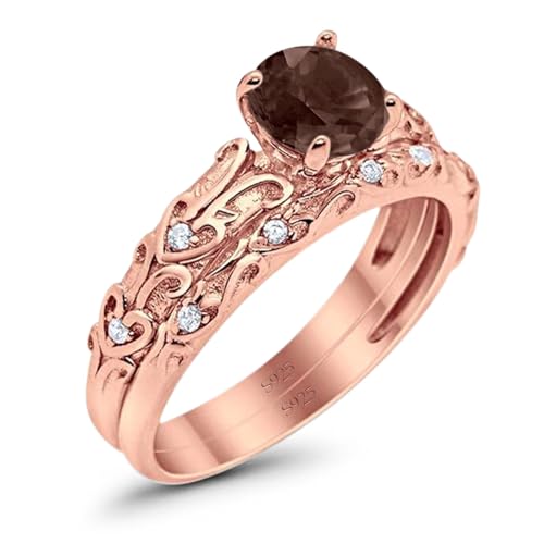 OMRANII Two Piece Round Natural Chocolate Smoky Quartz Filigree Vintage Style CZ Wedding Set Bridal Engagement Ring 925 Sterling Silver Gifts For Her2
