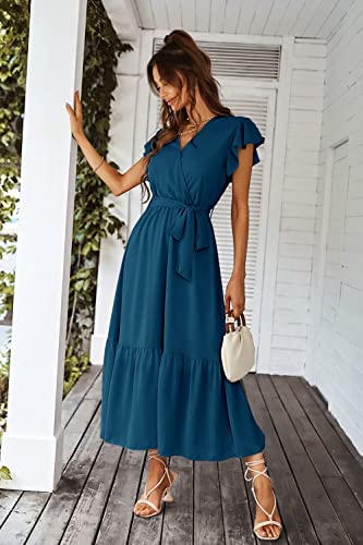 Prettygarden Women'S 2024 Floral Boho Dress Wrap V Neck Short Sleeve Belted Ruffle Hem A-Line Flowy Maxi Dresses  thumb #4