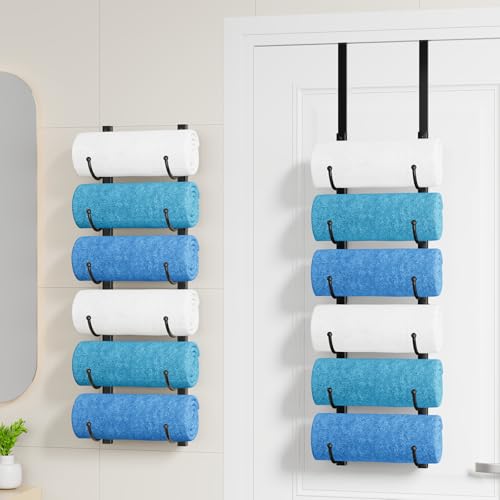 HapiRm Rolled Towel Racks for Bathroom - 6-Tier Over The Door & Wall Mounted Bathroom Towel Storage Hanging Metal Organizer for Towels & Bath Sheets Space Saving Rack for Bathroom Camper RV Black