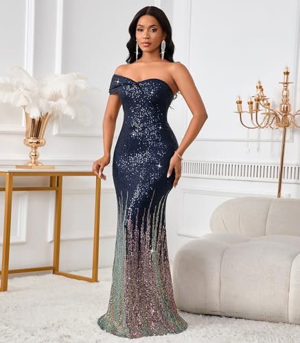 Image of Cololura Women Sexy Sequin One Shoulder Mermaid Formal Party Cocktail Gowns Bodycon Evening Maxi Dress