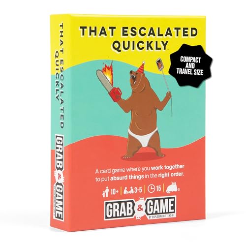 Image of Exploding Kittens that Escalated Quickly Grab & Game, 3-5 Players, 10+ | Your favorite absurd answer game, now pocket-sized! Work together to rank wild things in the right order. Card Game