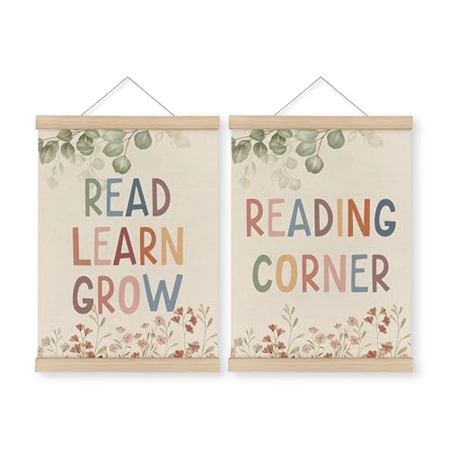 MAQIKA Boho Reading Corner Decor Poster Framed with Wood Hanger Set of 2, Playroom Wall Decor, Read...