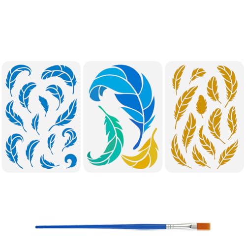 FINGERINSPIRE 3Pcs Pochoirs en Plumes Avec 1 Pinceau en Plastique 21x29.7cm Modèle de Dessin de Plume D'Oiseau Pochoir Thème Fantaisie pour Peindre sur Le...