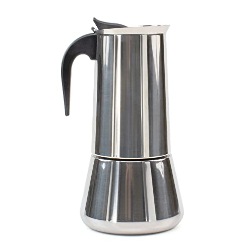 The Secret Home - Cafetera de Acero Inoxidable Moka - Cafetera Espresso de 12 Tazas con Filtro Desmontable - Cafetera con Mango Ergonómico Antiquemaduras