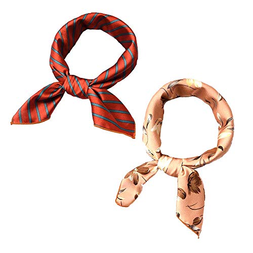 Micoop Women's Neckerchief Classic Stripe and Floral Square Neck Hair Scarf Set-2 Pack (23.6"x 23.6") (Red Stripe & Champagne Floral)