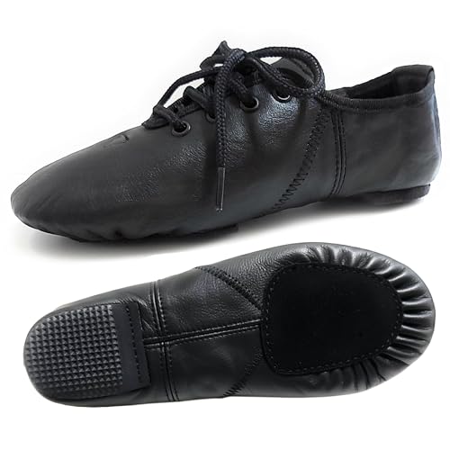Jazz Dance Shoes Pure Black Leather - Split Sole Rubber Heel - Modern Stage Dance Shoes (3 UK Girls)