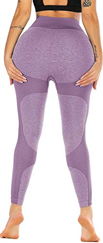 CLOUSPO Legging de Sport Femme Pantalon de Yoga Fitness Gym Taille Haute sans Couture Slim Push Up Butt Lifter Pants (Violet, M) Cover